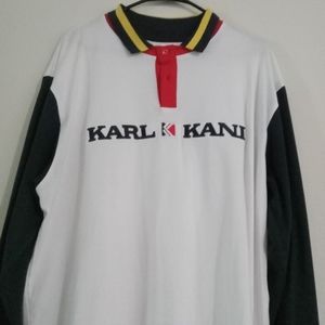 White & blue with red and yellow trim l/s Karl Kani polo